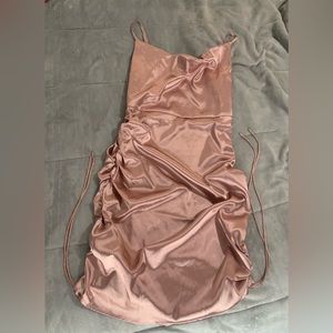 SHEIN rose colored ruched satin dress.